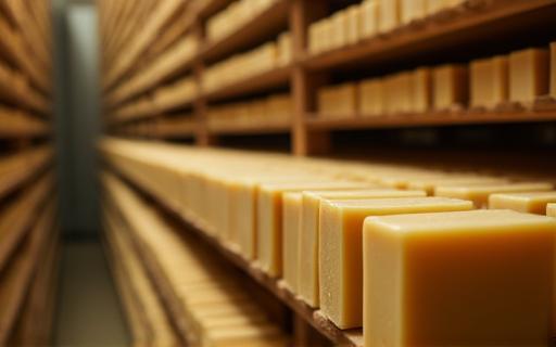 Rows of handmade soap bars curing on wooden racks in a well-ventilated area